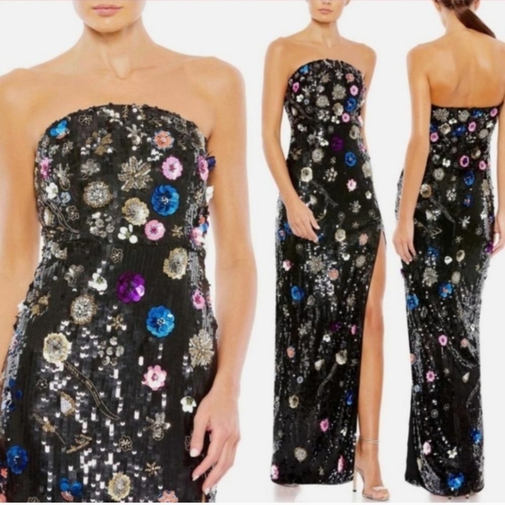 MAC DUGGAL 93695 FLORAL SEQUINED STRAPLESS GOWN